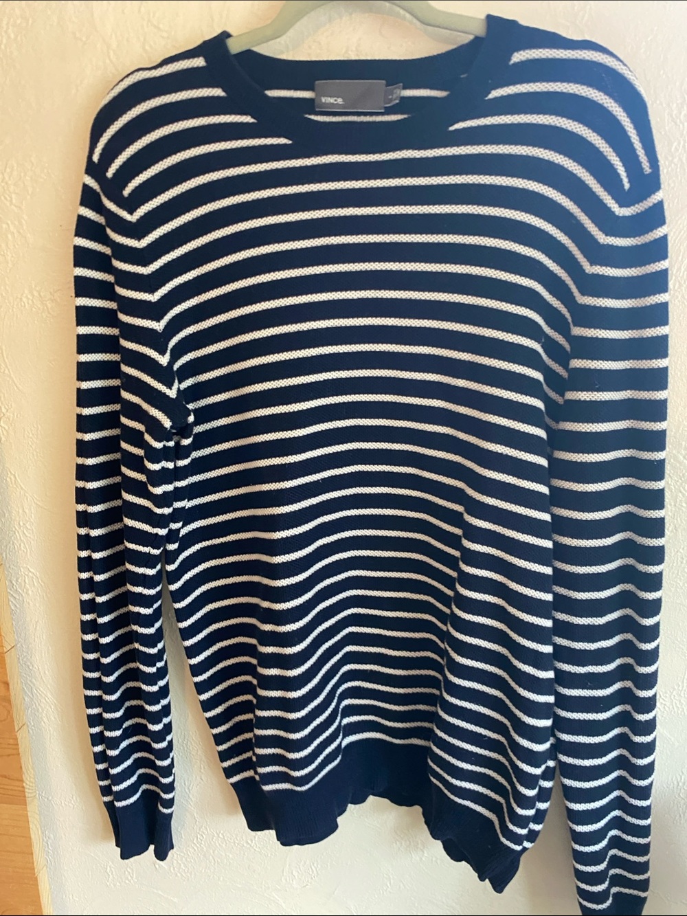 Vince Navy and White Striped Crewneck Sweater